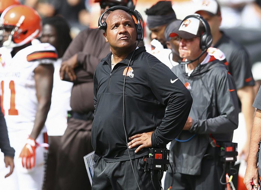 Cleveland Browns head coach Hue Jackson watches from the sideline during the first half of an NFL football game against the Oakland Raiders in Oakland, Calif., Sunday, Sept. 30, 2018.