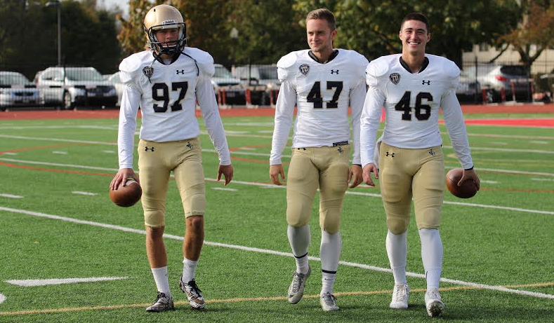 Bryce Quinlan ‘21 (left), Matt Danko ‘19 (middle), and Danny Markino ‘18 (right) walk the field pregame at Otterbein University