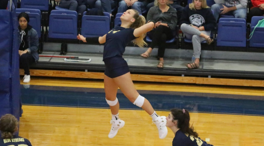 
Freshman Cassi Calamunci winds up on the right side for one of her seven kills against the Muskingum Fighting Muskies on Sept. 29.