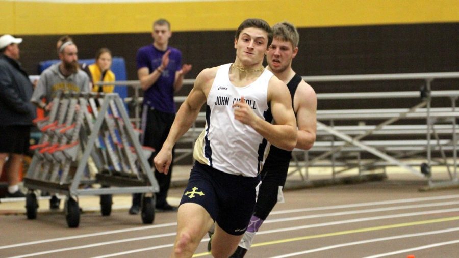 Sophomore sprinter Bobby Fogle races at the Midwest Open at the Spire Institute in Geneva, Ohio. He is native of Westlake, Ohio, where he attended high school. (JCU Sports Information)