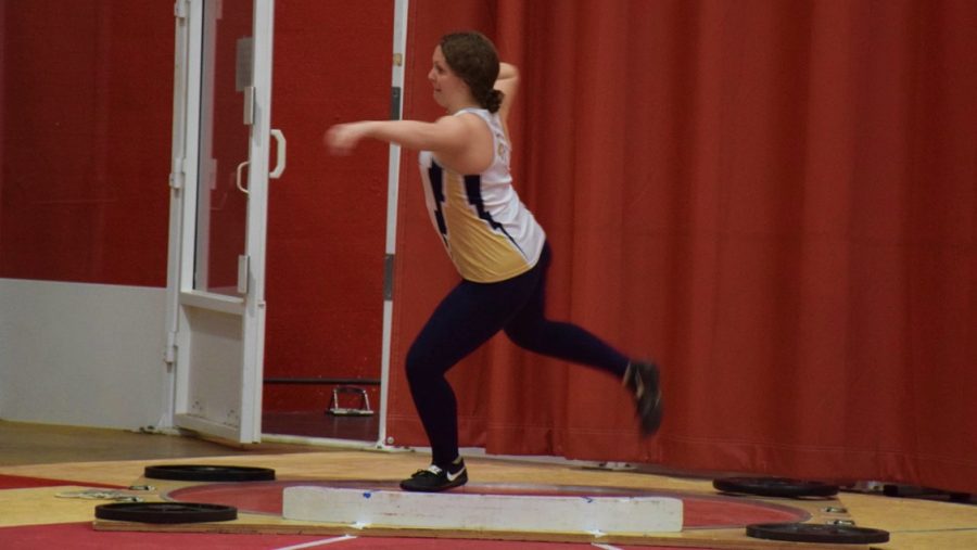 
Freshman thrower Olivia Hurtt winds up to throw at the Midwest Open held at the Spire Institute in Geneva, Ohio. (JCU Sports Information)