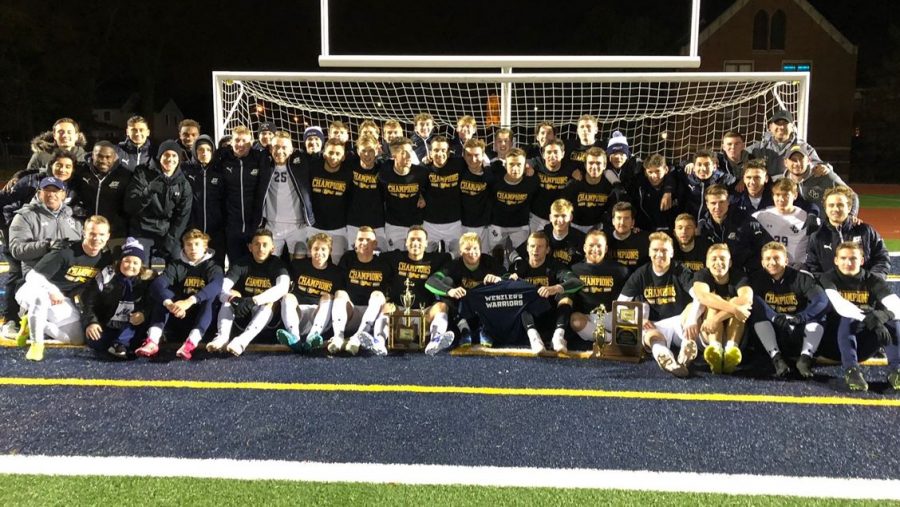 The 2019 John Carroll University men’s soccer takes a team picture at Don Shula Stadium following Saturday’s game against Otterbein.