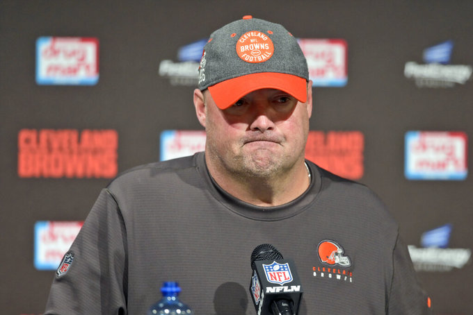 FILE - In this Oct. 13, 2019, file photo, Cleveland Browns head coach Freddie Kitchens answers questions after an NFL football game against the Seattle Seahawks, in Cleveland. Kitchens sold cars in Alabama before he got into coaching. So at least he’s got a fallback plan. The Browns’ first-year coach, whose selection was met with some skepticism because of his lack of experience, could be down to his final games if Cleveland doesn’t turn around a season that has derailed after beginning with sky-high optimism.(AP Photo/David Richard, File)