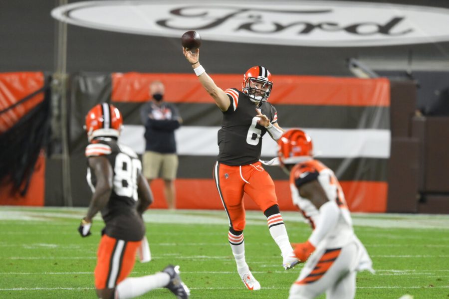 Cleveland+Browns+quarterback+Baker+Mayfield+throws+a+pass+during+the+first+half+of+an+NFL+football+game+against+the+Cincinnati+Bengals%2C+Thursday%2C+Sept.+17%2C+2020%2C+in+Cleveland.+%28AP+Photo%2FDavid+Richard%29