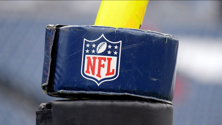 An NFL logo is seen on a goalpost pad before an NFL football game between the Tennessee Titans and the Tampa Bay Buccaneers Sunday, Oct. 27, 2019, in Nashville, Tenn. (AP Photo/Mark Zaleski)