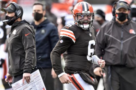 Cleveland Browns quarterback Baker Mayfield (6) reacts during the first half of an NFL football game against the Houston Texans, Sunday, Nov. 15, 2020, in Cleveland. (AP Photo/David Richard)