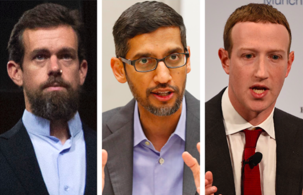 Photos of Twitter CEO Jack Dorsey, Google/Alphabet CEO Sundar Pichai and Facebook CEO Mark Zuckerberg from 2018-2020 (AP Photo/Jose Luis Magana, LM Otero, Jens Meyer)
