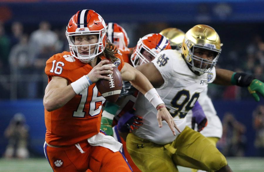 “Clemson quarterback Trevor Lawrence (16) scrambles out of the pocket during the NCAA Cotton Bowl semi-final playoff football game against Notre Dame on Saturday, Dec. 29, 2018, in Arlington, Texas.” (AP Photo/Michael Ainsworth)