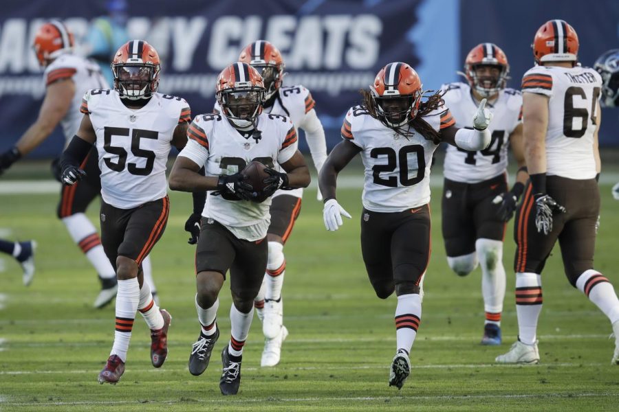 "Cleveland Browns cornerback M.J. Stewart (36) celebrates after intercepting a pass against the Tennessee Titans in the second half of an NFL football game Sunday, Dec. 6, 2020, in Nashville, Tenn. (AP Photo/Ben Margot)"