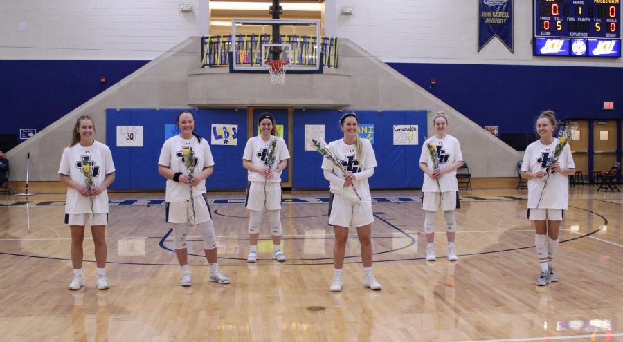 Pictured are the six graduating women on the team. Each player was given a yellow rose to commemorate her time on the team. From left to right, Stephanie Labas, Nicole Heffington, Gabrielle Gevaudan, Sarah Sprecher, Abby Adler, and Dani Carlson.
(Photo from Carmen Ferrante).
