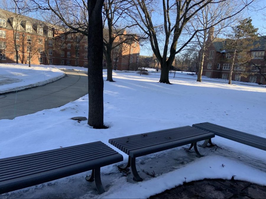 A spot where students can sit and enjoy the outdoors, as long as they don’t mind the cold and stepping into the snow!