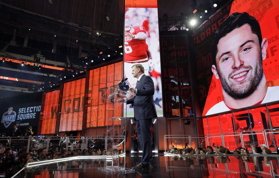 "Commissioner Roger Goodell speaks after the Cleveland Browns selected Oklahoma's Baker Mayfield as their pick during the first round of the 2018 NFL Draft." AP