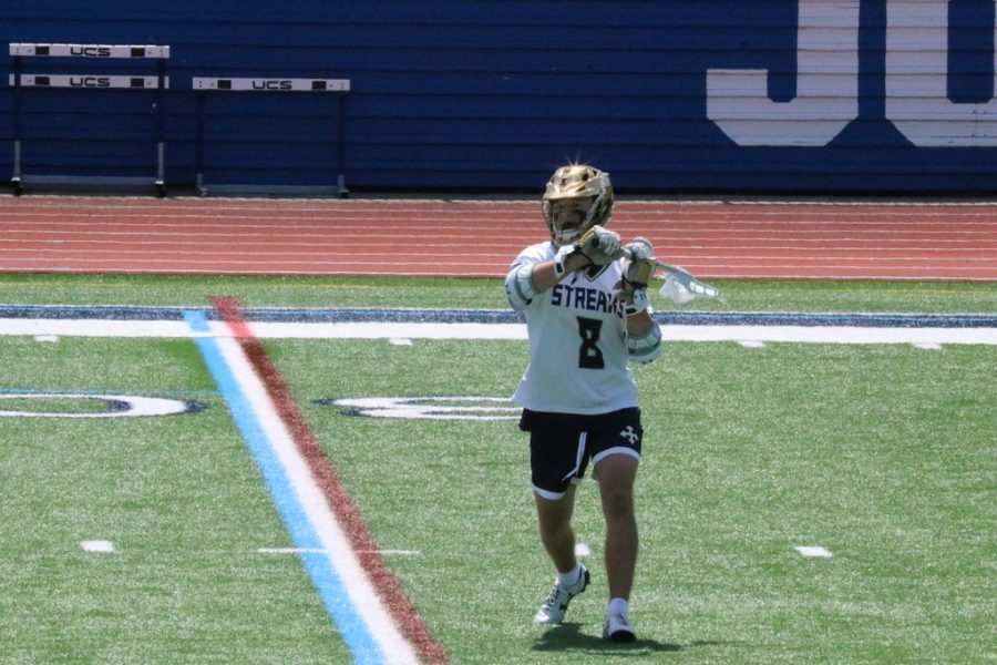 Senior Kevin Hack playing in his last regular season game on Saturday, May 1, at Don Shula Stadium. Hack scored two goals in Saturday's victory.