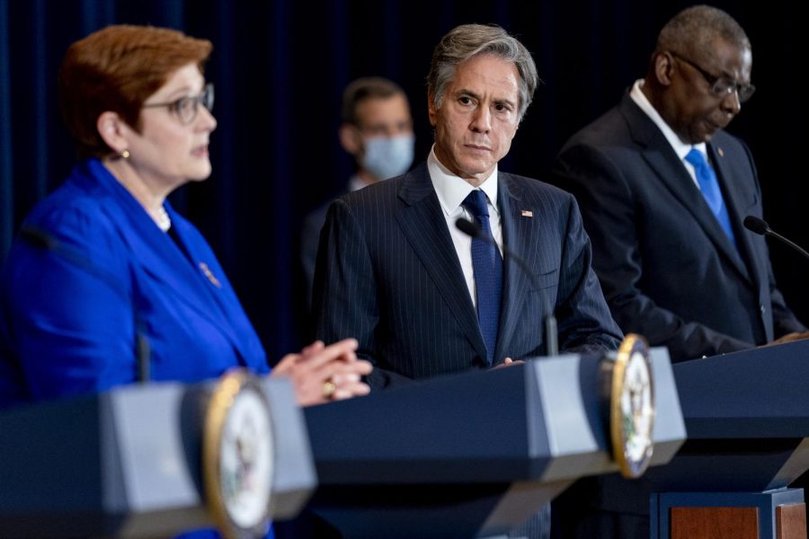 Australian Foreign Minister Marise Payne, left, accompanied by Secretary of State Antony Blinken, second from right, and Defense Secretary Lloyd Austin, right, speaks at a news conference at the State Department in Washington, Thursday, Sept. 16, 2021.