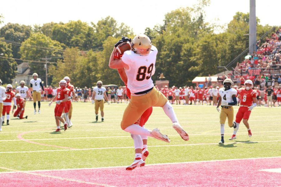 Gavin Martik scoring a touchdown in JCUs 41-17 victory over Otterbein University on Saturday, Sept. 18. 