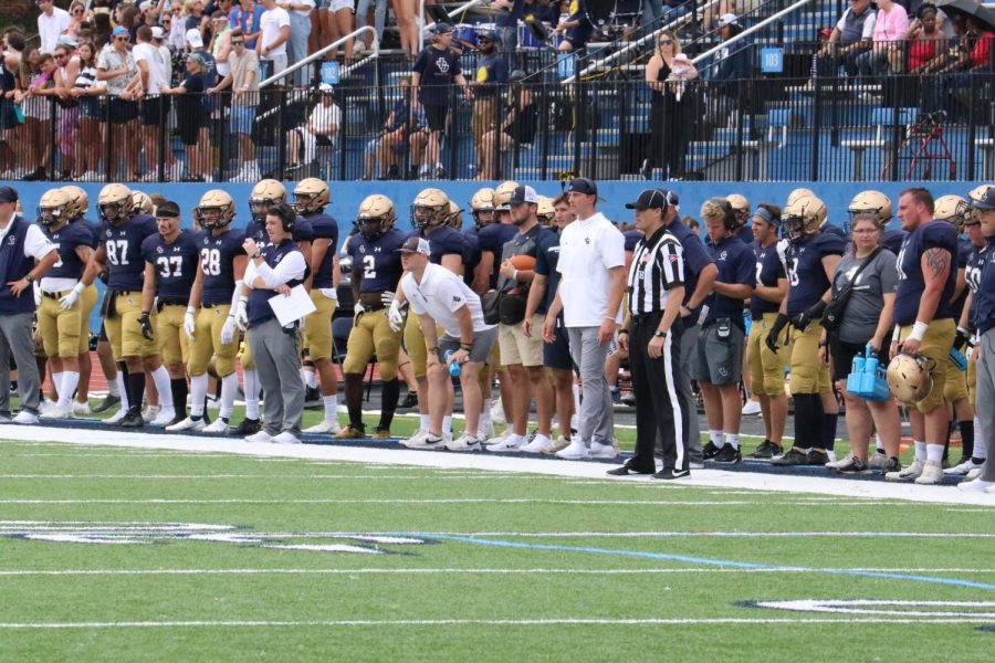 The sideline and stands of John Carroll's first football game back against Washington and Jefferson on Sept. 4, 2021. 