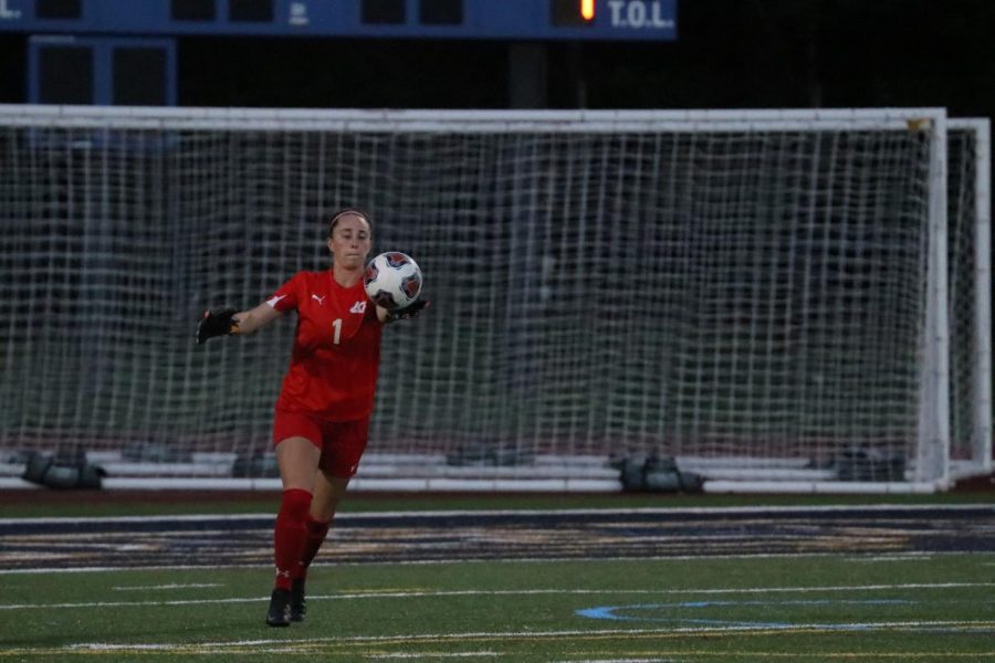 John Carroll goalkeeper Danielle DelGiudice punting a ball in one of this seasons games. 