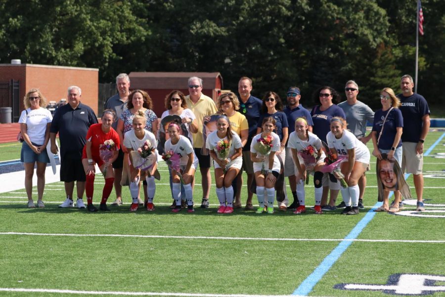 The John Carroll Women's Soccer team's seven seniors before their game against Ohio Wesleyan University on Saturday, Sept. 18