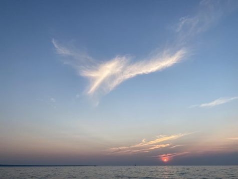 Bird-like cirrus soars over the Lake Erie Sunset in Cleveland, Ohio.