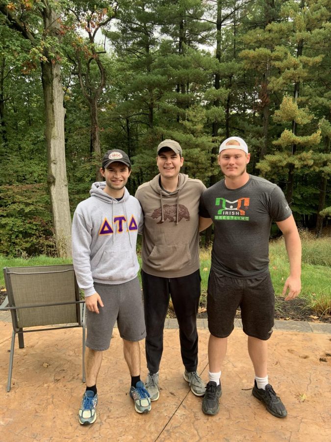  Max Malley ‘24, Aiden Keenan ‘22 and Michael Corrigan ‘24 (from left to right) pose on the last day of the Delta Tau Delta Brotherhood Retreat in Oct. 2021