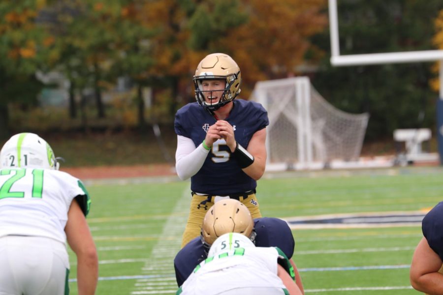 John+Carrolls+quarterback+Jake+Floriea+on+Saturday%2C+Oct.+30.+Floriea+guided+the+Blue+Streaks+to+a+50-7+victory+over+Wilmington+College.+