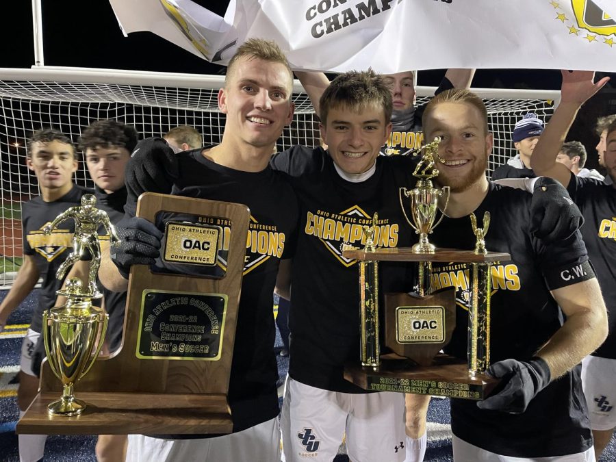 Will Turrittin, Nicholas Graeca, and Michael Adelman after winning the OAC Championship for the fourth straight time on Saturday, Nov. 6 against Otterbein University. 