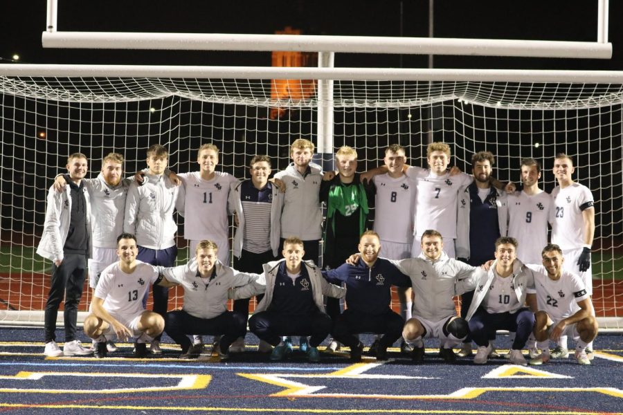 The John Carroll Mens Soccer Team senior class after their victory on Saturday, Oct. 30 against Wilmington. The senior class clinched their fourth OAC Regular Season Championship with the win on senior night. 