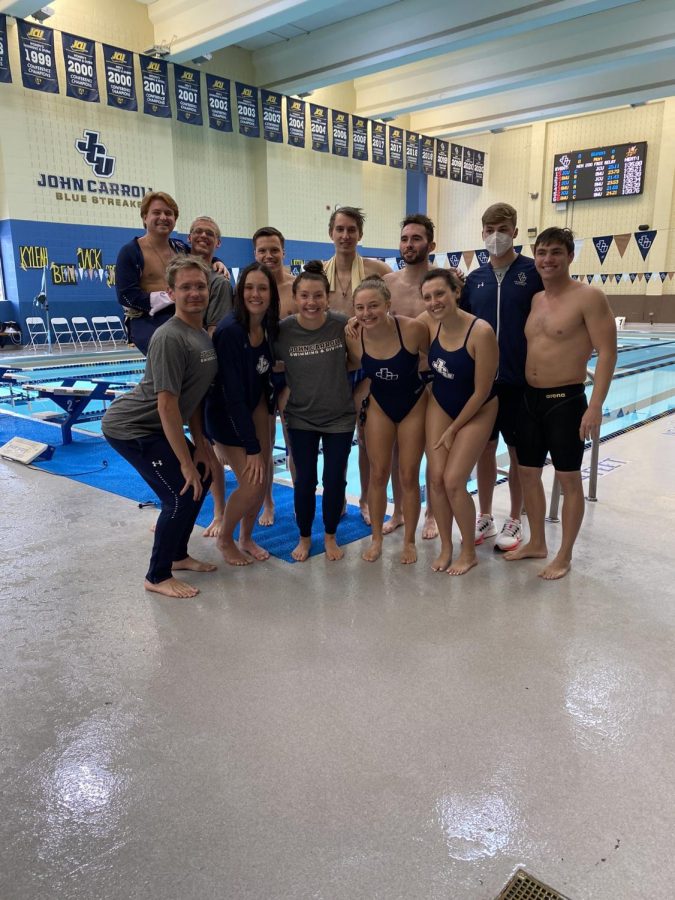Seniors of the John Carroll University Swimming and Diving program celebrating their victory on senior day against Baldwin Wallace University 