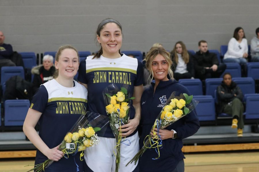 Sarah Balfour, Olivia Nagy and Hannah Bouchy on Saturday, Feb. 19  prior to their game against Wilmington College