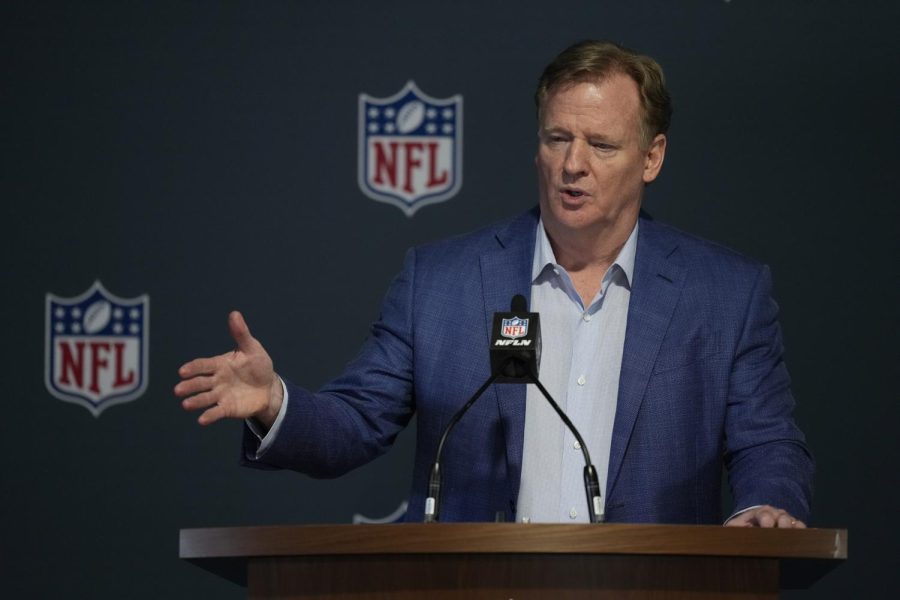 NFL Commissioner Roger Goodell answers questions from reporters at a press conference following the close of the NFL owners meeting, Tuesday, March 29, 2022, at The Breakers resort in Palm Beach, Fla.