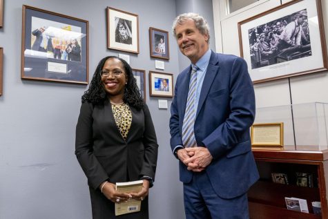 Supreme Court nominee Ketanji Brown Jackson meets with Sen. Sherrod Brown, D-Ohio, in his office on Capitol Hill in Washington, Tuesday, April 5, 2022.