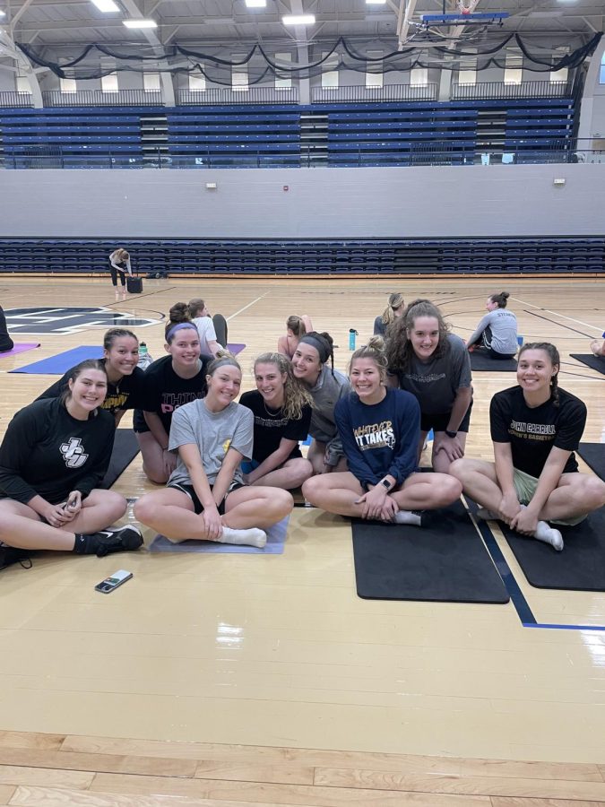 The John Carroll Womens Basketball Team participating in yoga at the Tony DeCarlo Varsity Center on Monday, April 4th to kick off the festivities for NCAA DIII Week 