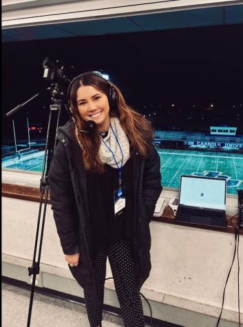 Anna Meyer broadcasting a John Carroll Mens Soccer game during the NCAA Tournament. 