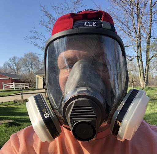 Environmental trainer Roger Buttrick wearing a safety respirator.