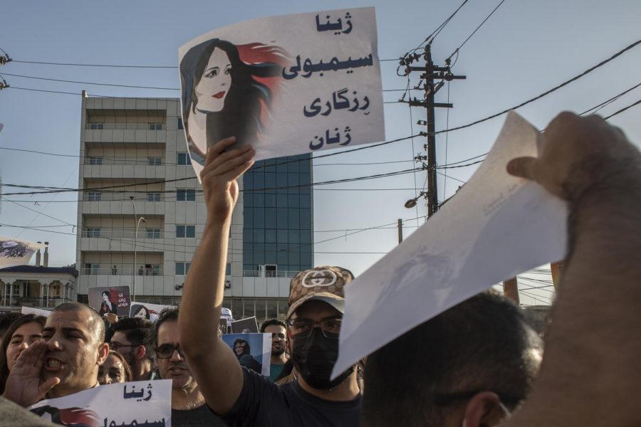 Protesters gather in Sulaimaniyah on Sept. 28, 2022, protest the killing of Mahsa Amini, an Iranian Kurdish woman after she was arrested in Tehran by morality police for wearing her headscarf improperly.