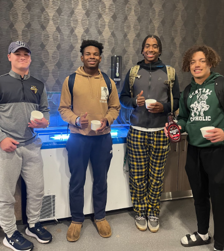 JCU students enjoy the new Parkhurst ice cream cooler in the Schott Dining Hall.