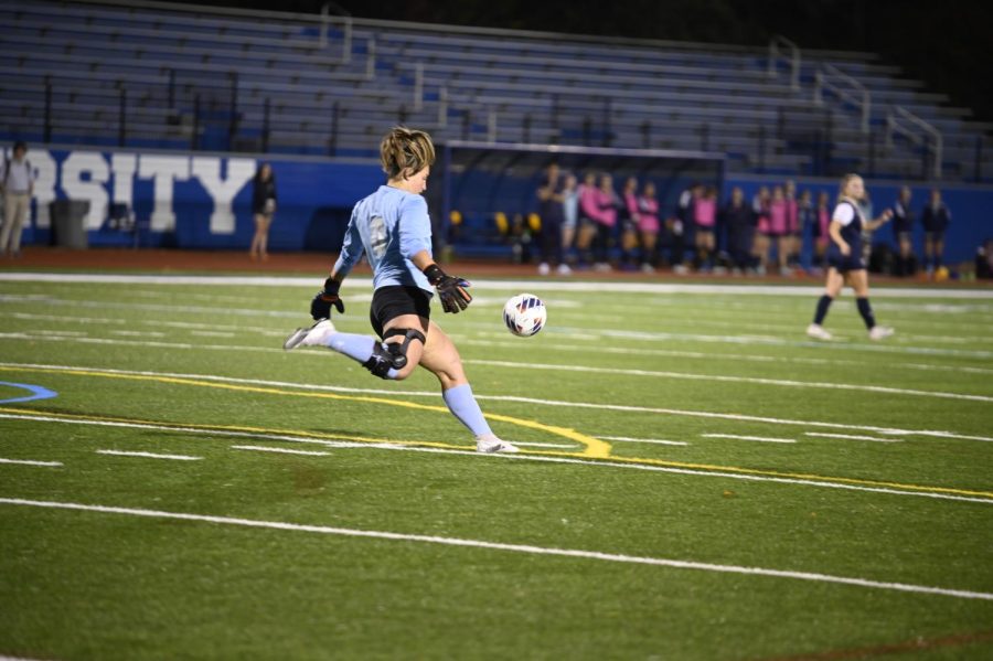 Mackenzie Stease clearing the ball this season for JCU womens soccer.