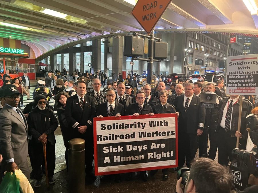 People rally in solidarity with rail workers in New York Citys Grand Central Station on Dec. 7. 2022.