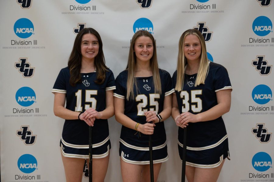 Mary Doherty, Olivia Gerlach, and Kendall Gessner pose for the camera at Spring Season Media Day this year.