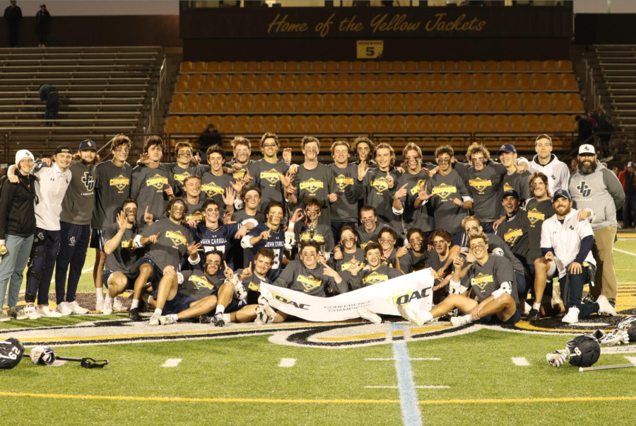 The 2022 Mens Lacrosse team at Baldwin Wallace following their OAC Championship victory.