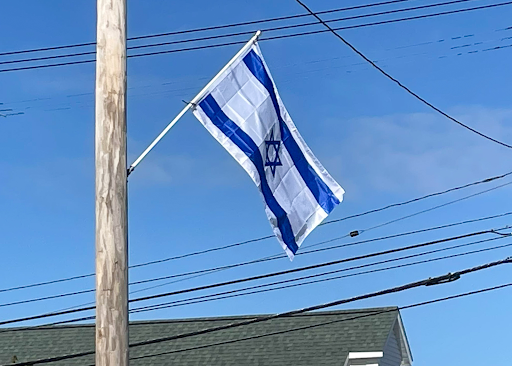 The city hall of University Heights hoists an Israeli flag to show support for Israel in response to the war in the Middle East