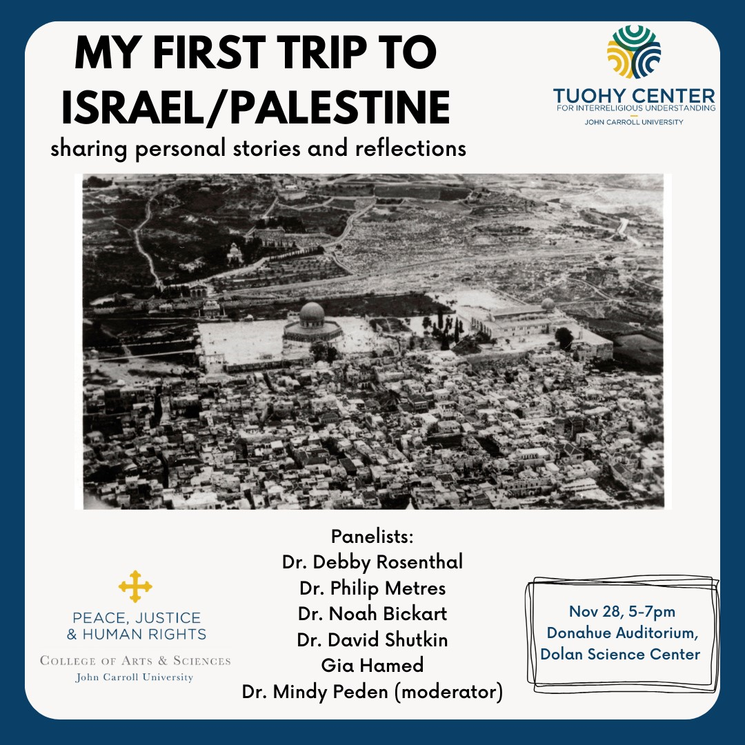 Campus Events Beat Reporter Bella Congelio attends the My First Trip to Israel/Palestine panel discussion to hear about travel experiences from John Carroll staff and students.