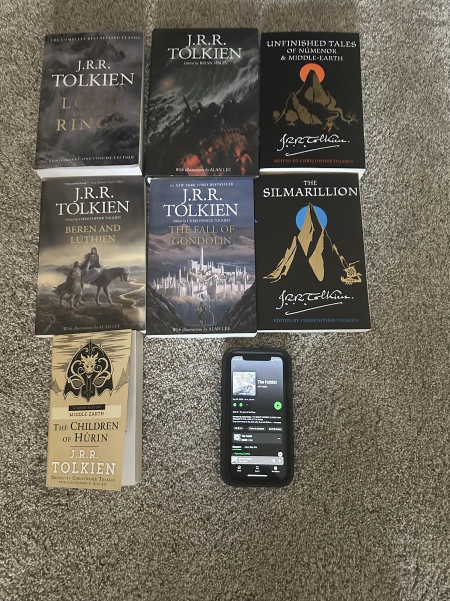 Brian Keim displays his hefty collection of books by JRR Tolkien, including one audiobook.