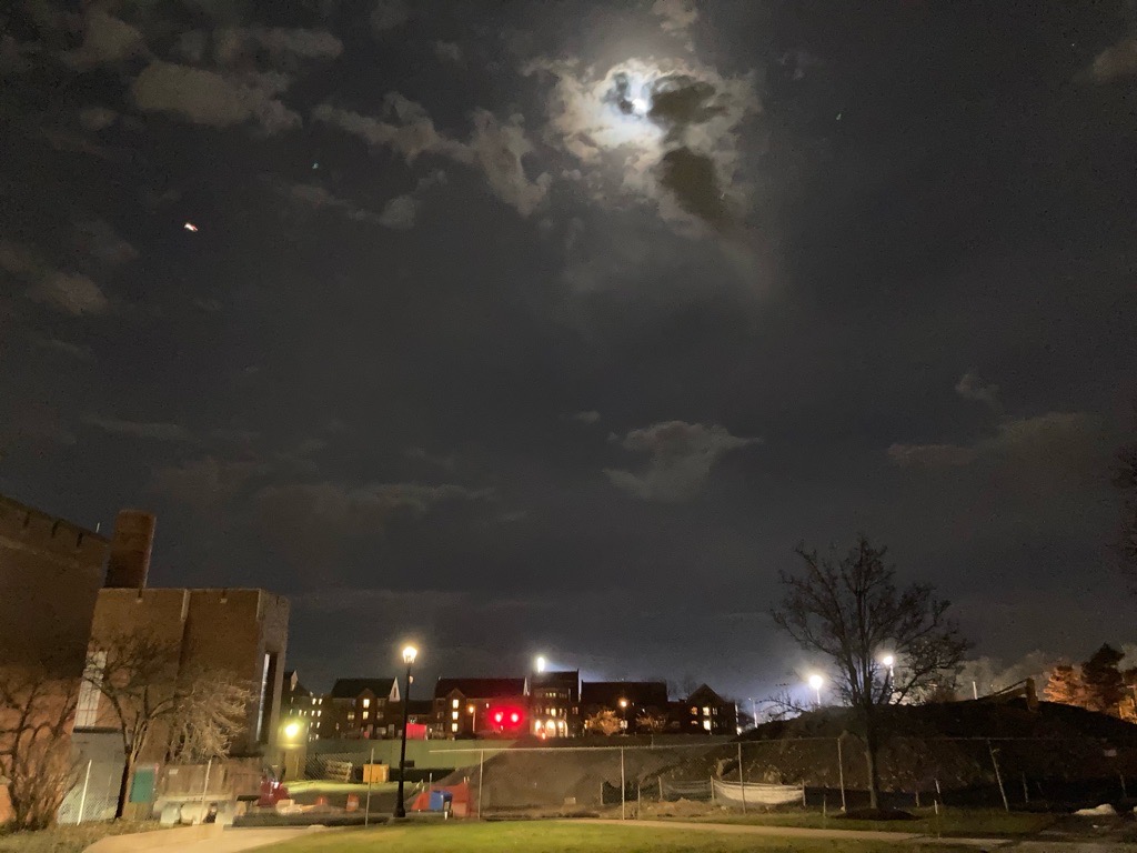 The progress of the field house construction is enhanced by the moonlight. The field house project is expected to be done by winter 2025.

