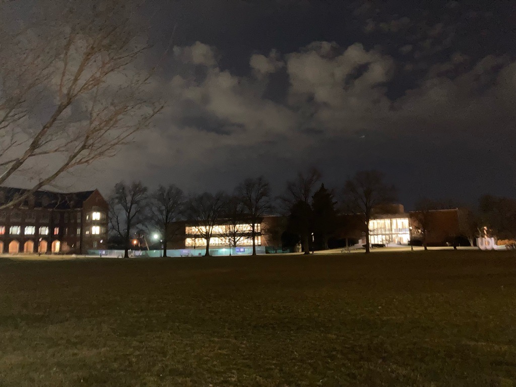 A view across the Hamlin Quad looking out at the Grasselli Library. Regardless of what time of day it is, the library serves as a great spot for studying.
