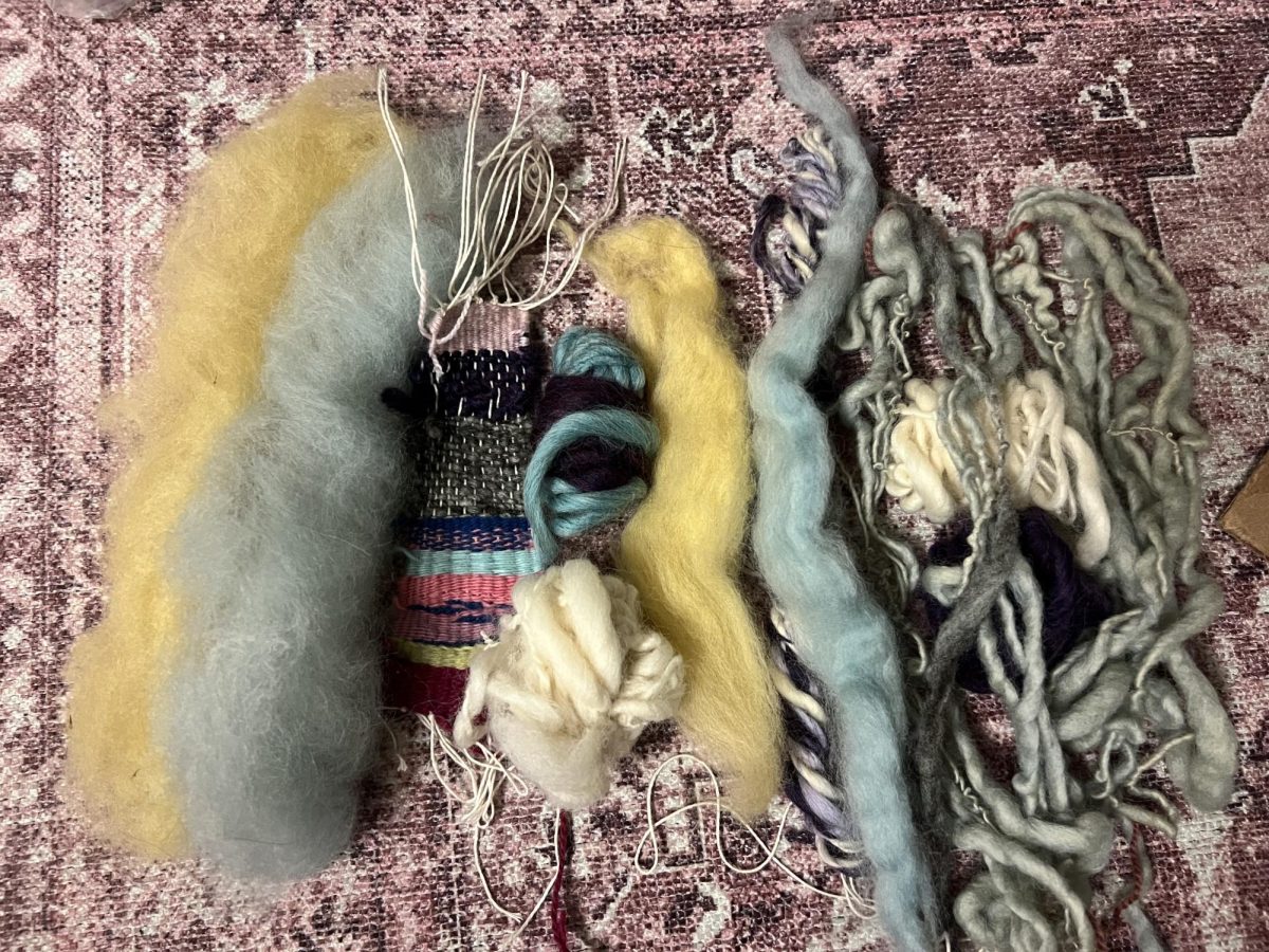 A selection of woven, spun and dyed wool produced in the Ancient and Modern Fiber Arts course.