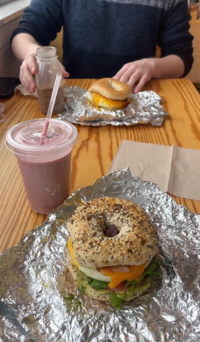 B.E.A.S.T Sammy everything bagel and strawberry banana smoothie from Natures Oasis.