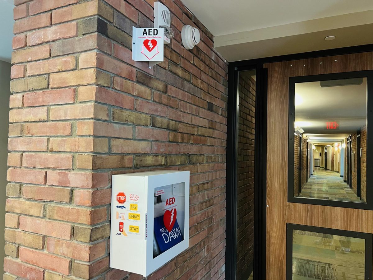 An AED station in Murphy Residence Hall with the addition of Narcan to prevent overdoses.