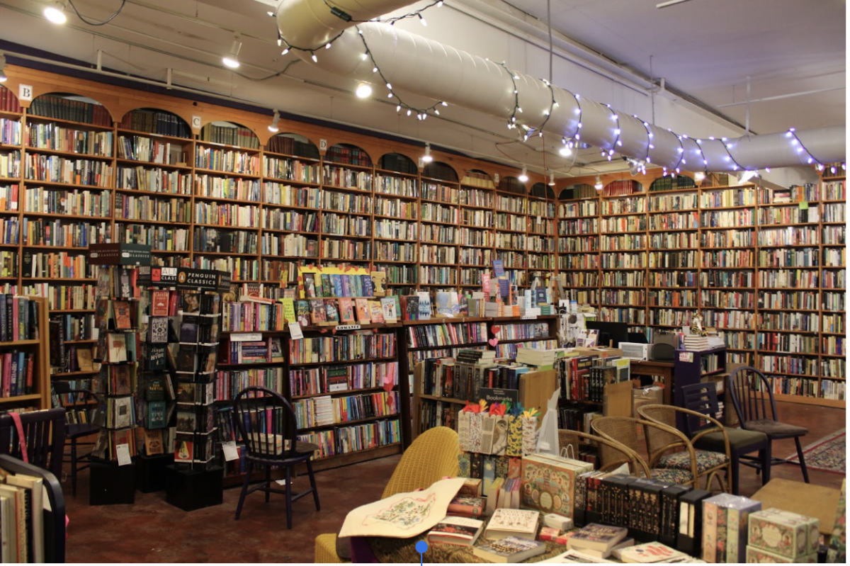 Loganberry Books displays books from the floor to the ceiling. 