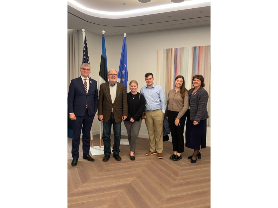 From left To right, Kristjan Prikk, Andreas Sobisch, Sarah Foster, Austin Zieman, Magdalena Rumelfanger, and Aari Lemmik meet at the Estonian Embassy